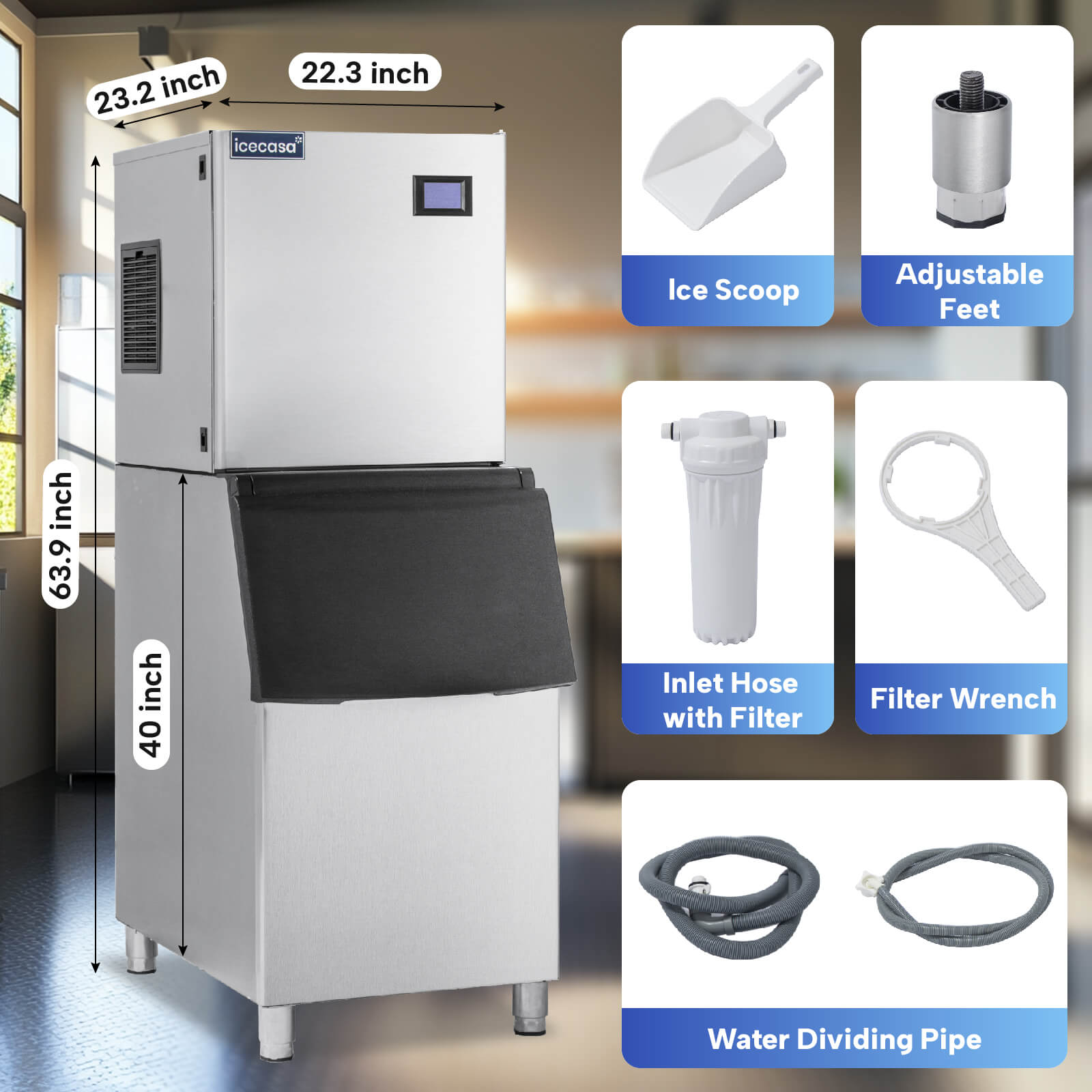 ICECASA Commercial Ice Maker Machine Stainless Steel 450 lbs/24H Ice with 220 lbs Storage