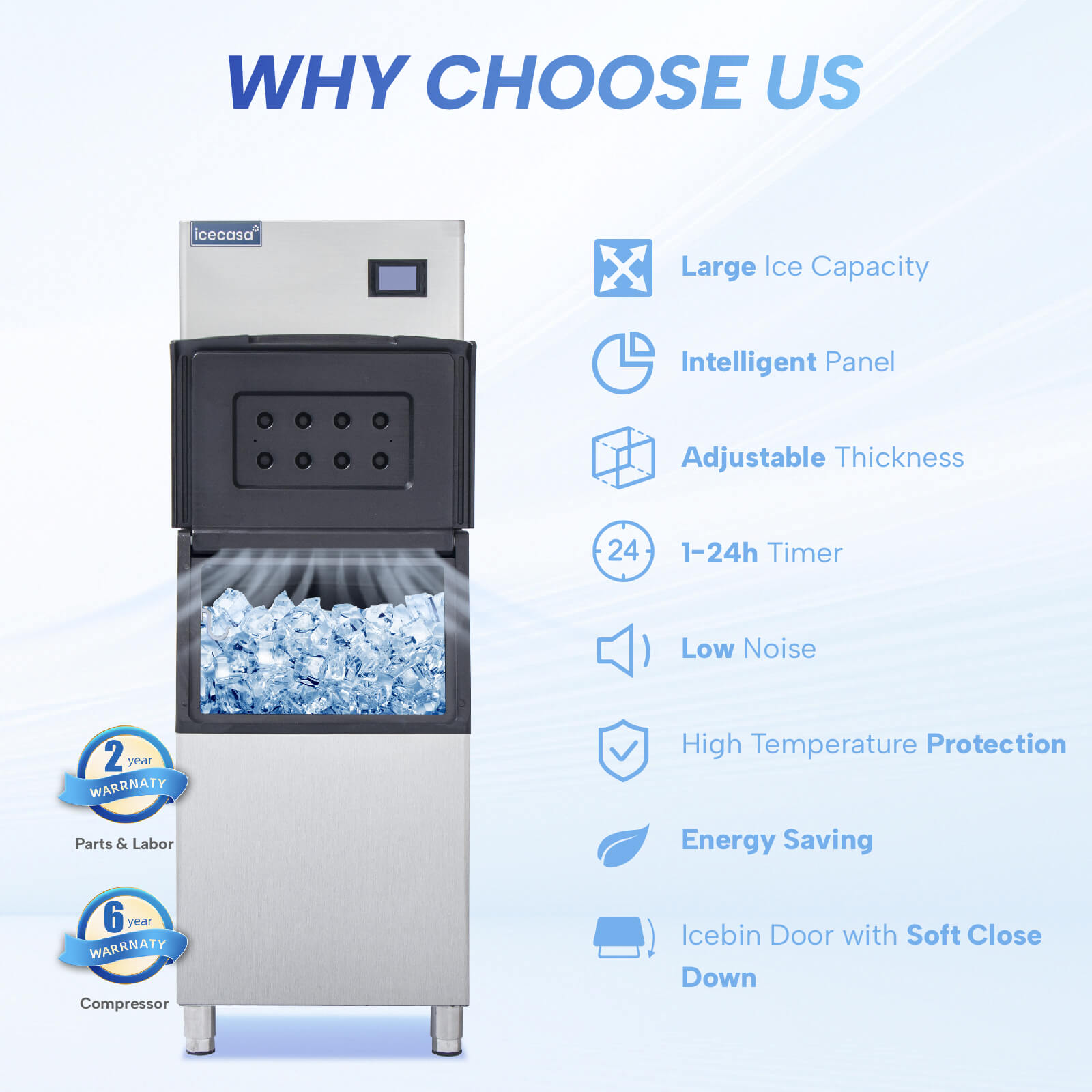 ICECASA Commercial Ice Maker Machine Stainless Steel 450 lbs/24H Ice with 220 lbs Storage