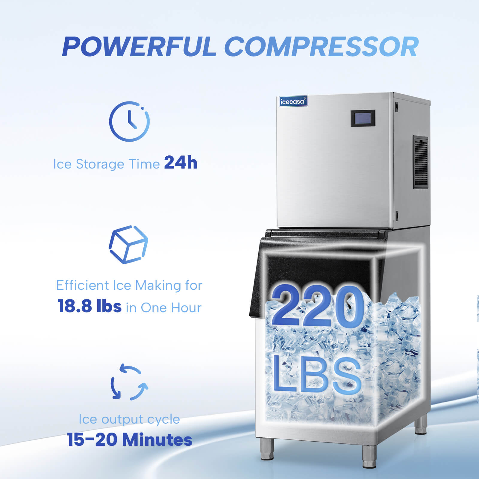 ICECASA Commercial Ice Maker Machine Stainless Steel 450 lbs/24H Ice with 220 lbs Storage