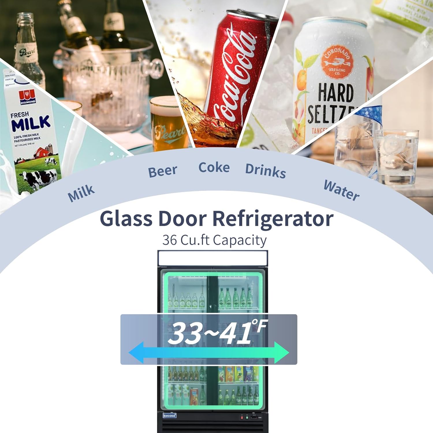 ICECASA 48" 2 Door Commercial Beverage Cooler, Double Glass Door Commercial Drink Refrigerator