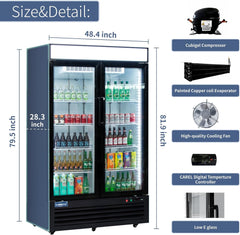 ICECASA 48" 2 Door Commercial Beverage Cooler, Double Glass Door Commercial Drink Refrigerator