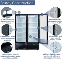 ICECASA 48" 2 Door Commercial Beverage Cooler, Double Glass Door Commercial Drink Refrigerator