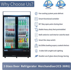 ICECASA 48" 2 Door Commercial Beverage Cooler, Double Glass Door Commercial Drink Refrigerator