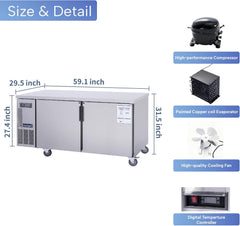 ICECASA Commercial 60" 2-Door Worktop Undercounter Freezer Stainless Steel 13 Cu.ft | ICE-150FT