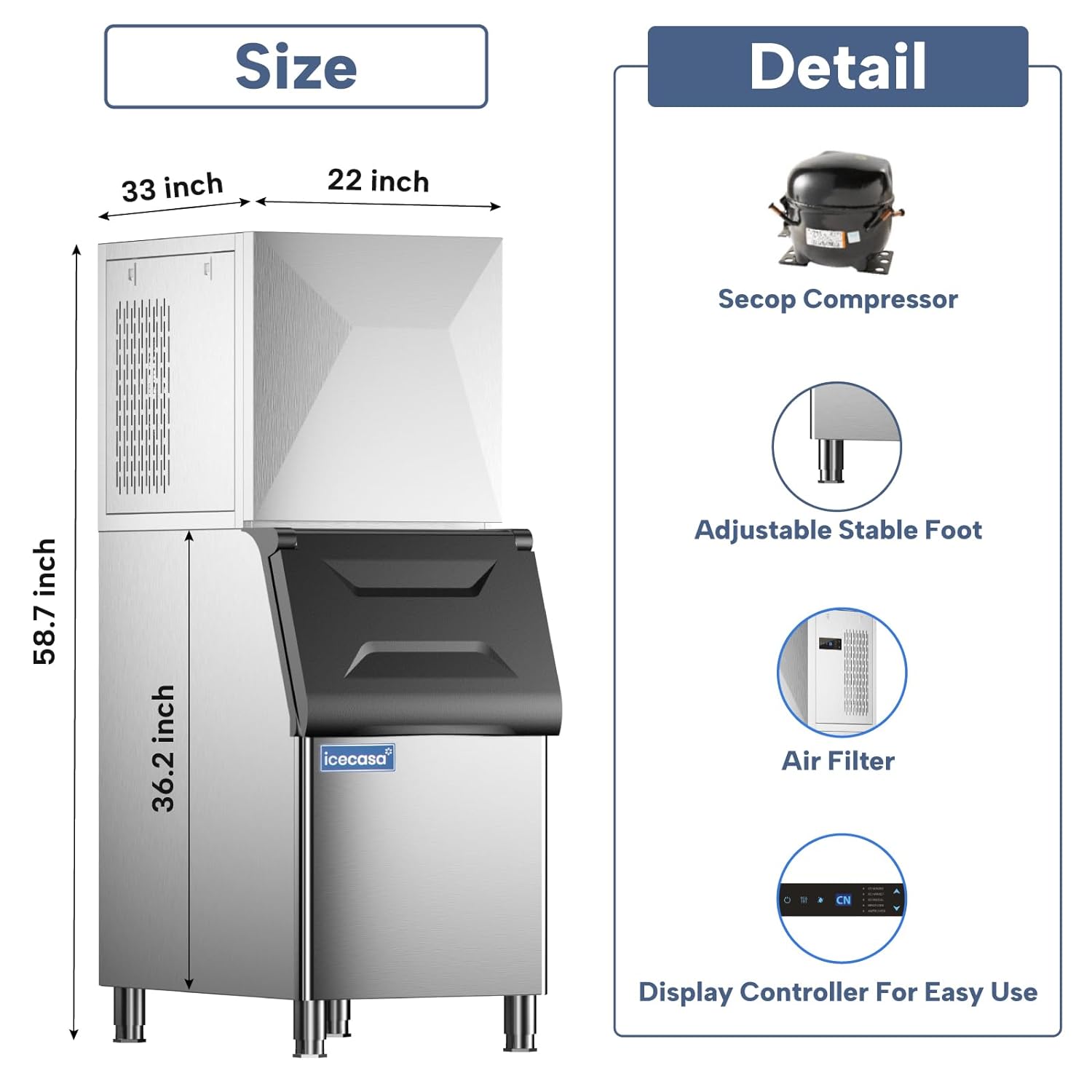 ICECASA Commercial Ice Maker Machine Stainless Steel 400 lbs/24H Ice with 267 lbs Storage