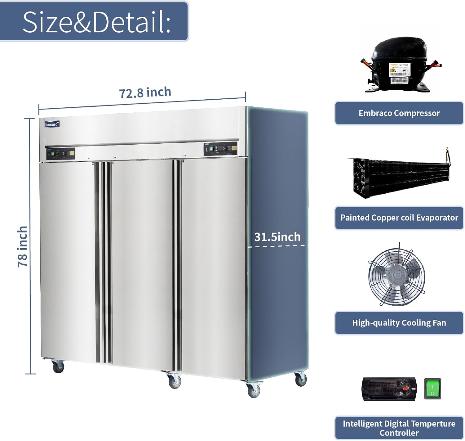 ICECASA 3 Door Commercial Fridge With Freezer, 72" Reach-In Industrial Freezer And Refrigerator