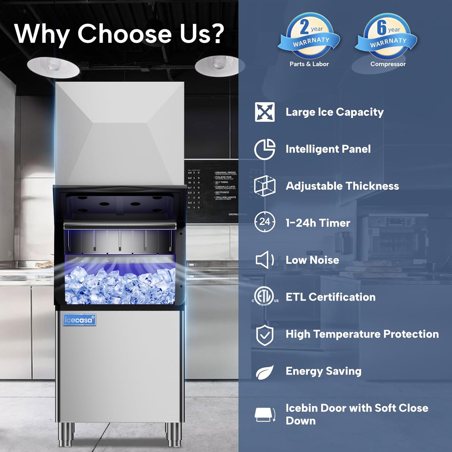 ICECASA Commercial Ice Maker Machine Stainless Steel 400 lbs/24H Ice with 267 lbs Storage