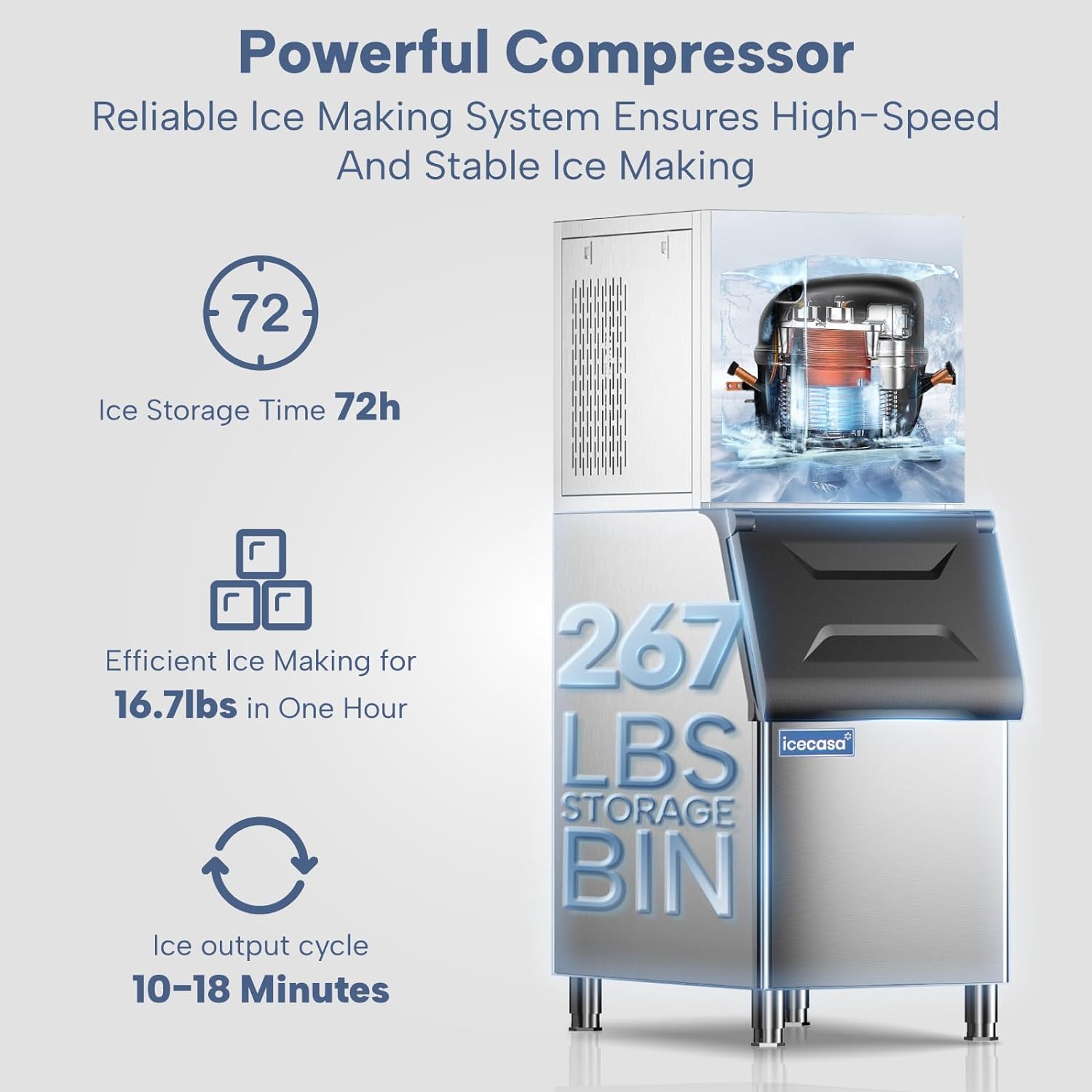 ICECASA Commercial Ice Maker Machine Stainless Steel 400 lbs/24H Ice with 267 lbs Storage