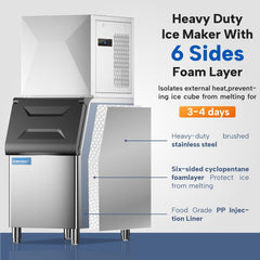 ICECASA Commercial Ice Maker Machine Stainless Steel 400 lbs/24H Ice with 267 lbs Storage