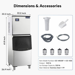 ICECASA Commercial 540 lbs/24H Modular Ice Maker Full Cube with 200 lbs Bin | Restaurant | ICE-M540F