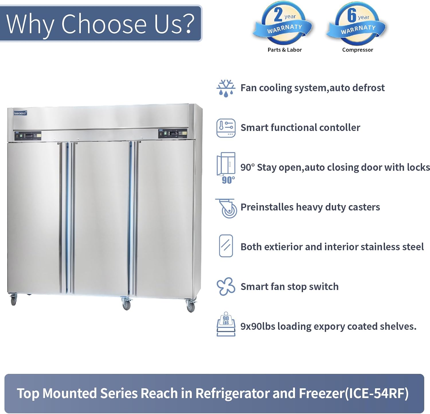 ICECASA 72 Inch Commercial Refrigerator Freezer Combo, Restaurant 3 Door Reach-In Commercial Upright Fridge and Freezer Combo