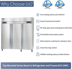ICECASA 3 Door Commercial Fridge With Freezer, 72" Reach-In Industrial Freezer And Refrigerator