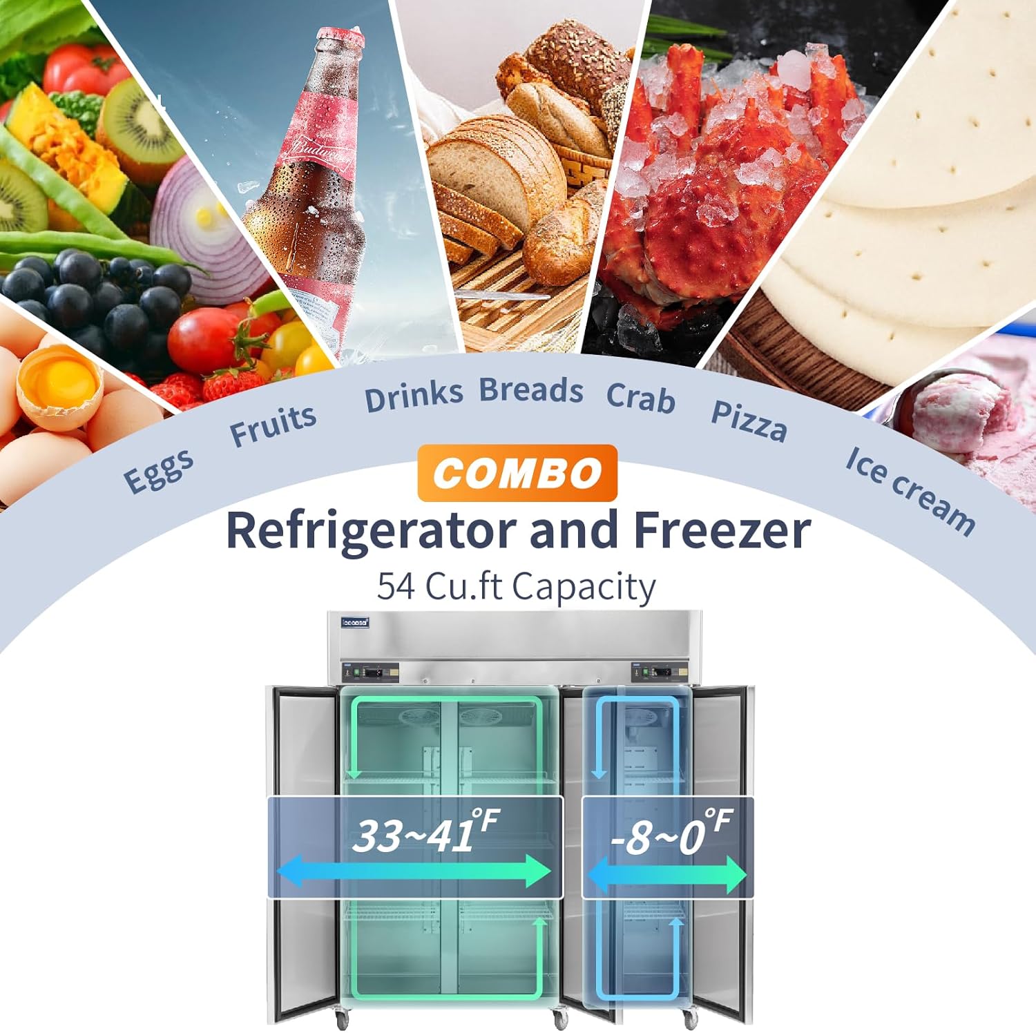 ICECASA 72 Inch Commercial Refrigerator Freezer Combo, Restaurant 3 Door Reach-In Commercial Upright Fridge and Freezer Combo