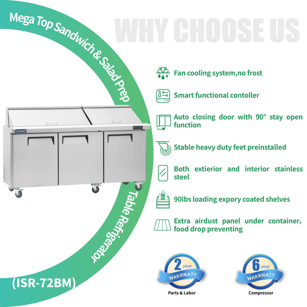 ICECASA 72" Stainless Steel Mega Top Sandwich Prep Table Refrigerator