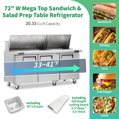 ICECASA 72" Stainless Steel Mega Top Sandwich Prep Table Refrigerator
