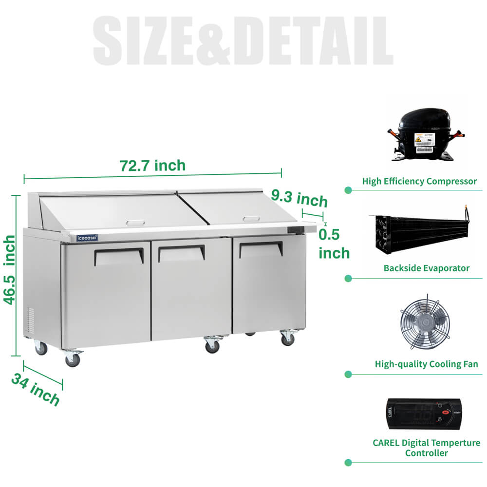 ICECASA 72" Stainless Steel Mega Top Sandwich Prep Table Refrigerator