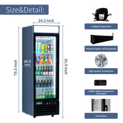 ICECASA 24 Inch 1 Door Commercial Display Refrigerator, Single Glass Door Commercial Reach-in Merchandiser Refrigerator