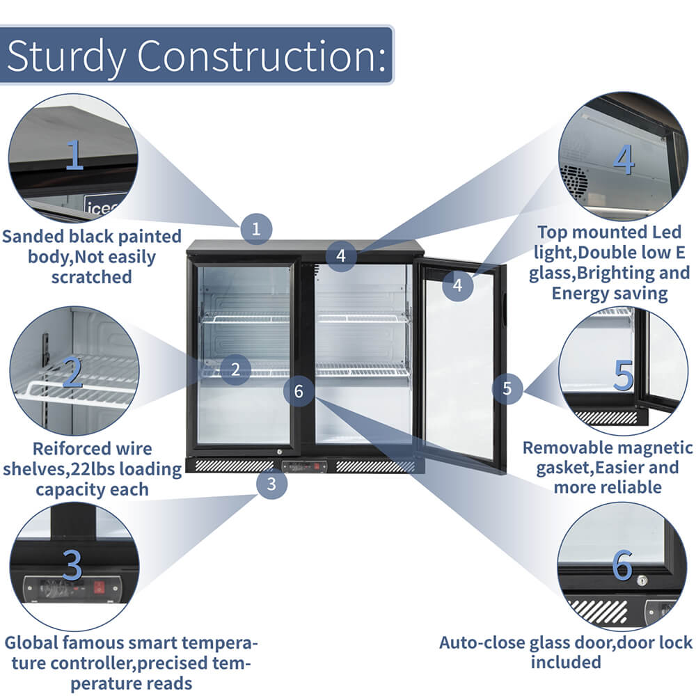 ICECASA Beverage Refrigerator, 2 Glass Door Back Bar Fridge Commericial Beer Cooler Merchandiser