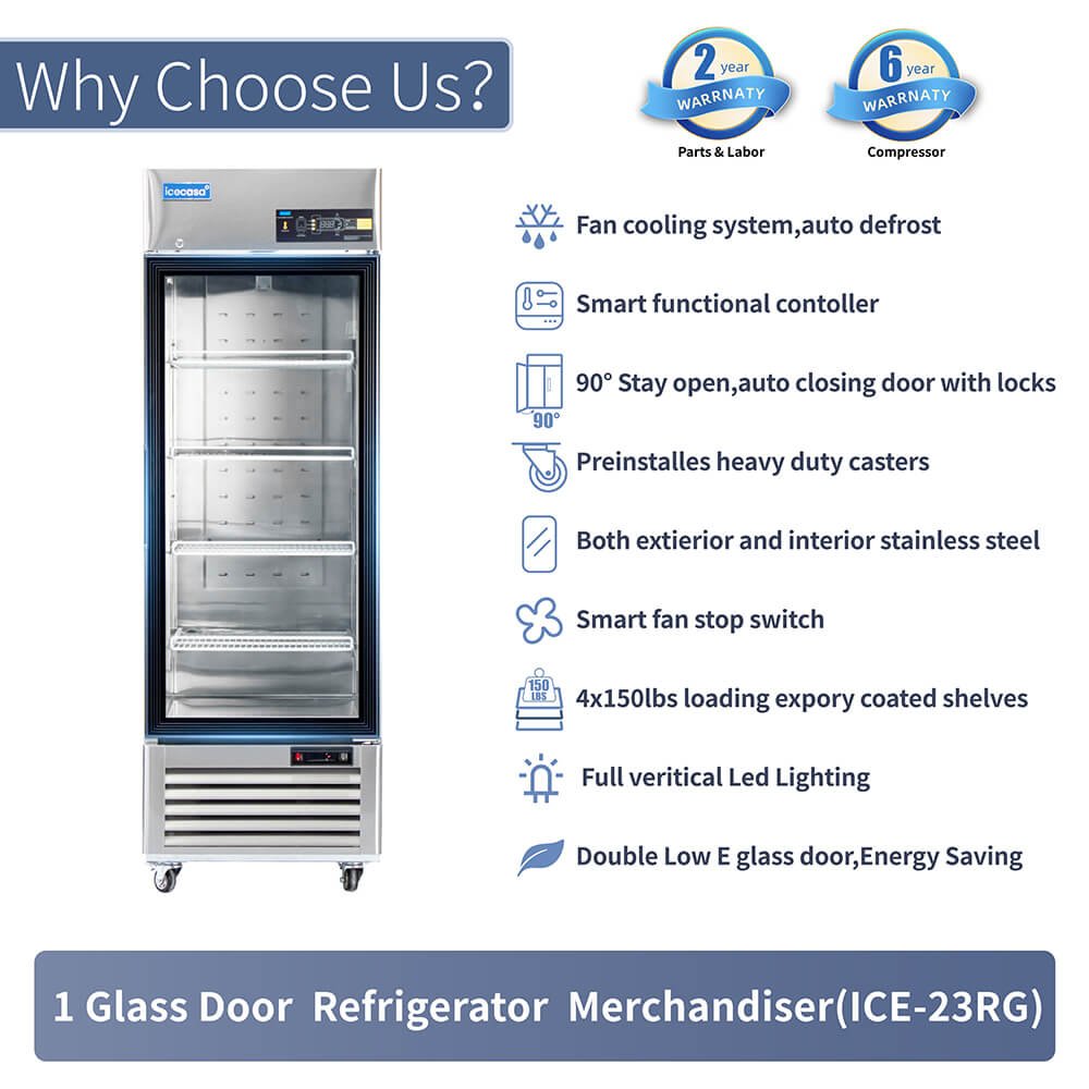 ICECASA 27 Inch 1 Door Commercial Display Refrigerator, Single Glass Door Commercial Reach-in Merchandiser Refrigerator