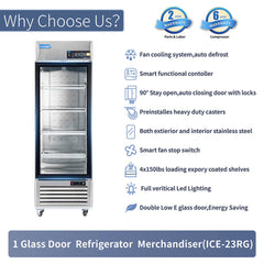 ICECASA 27 Inch 1 Door Commercial Display Refrigerator, Single Glass Door Commercial Reach-in Merchandiser Refrigerator