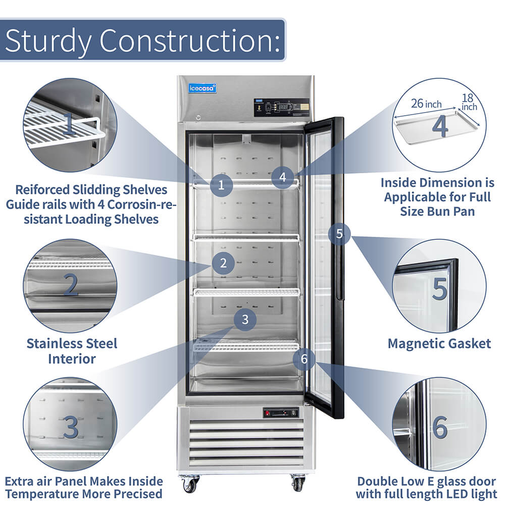 ICECASA 27 Inch 1 Door Commercial Display Refrigerator, Single Glass Door Commercial Reach-in Merchandiser Refrigerator