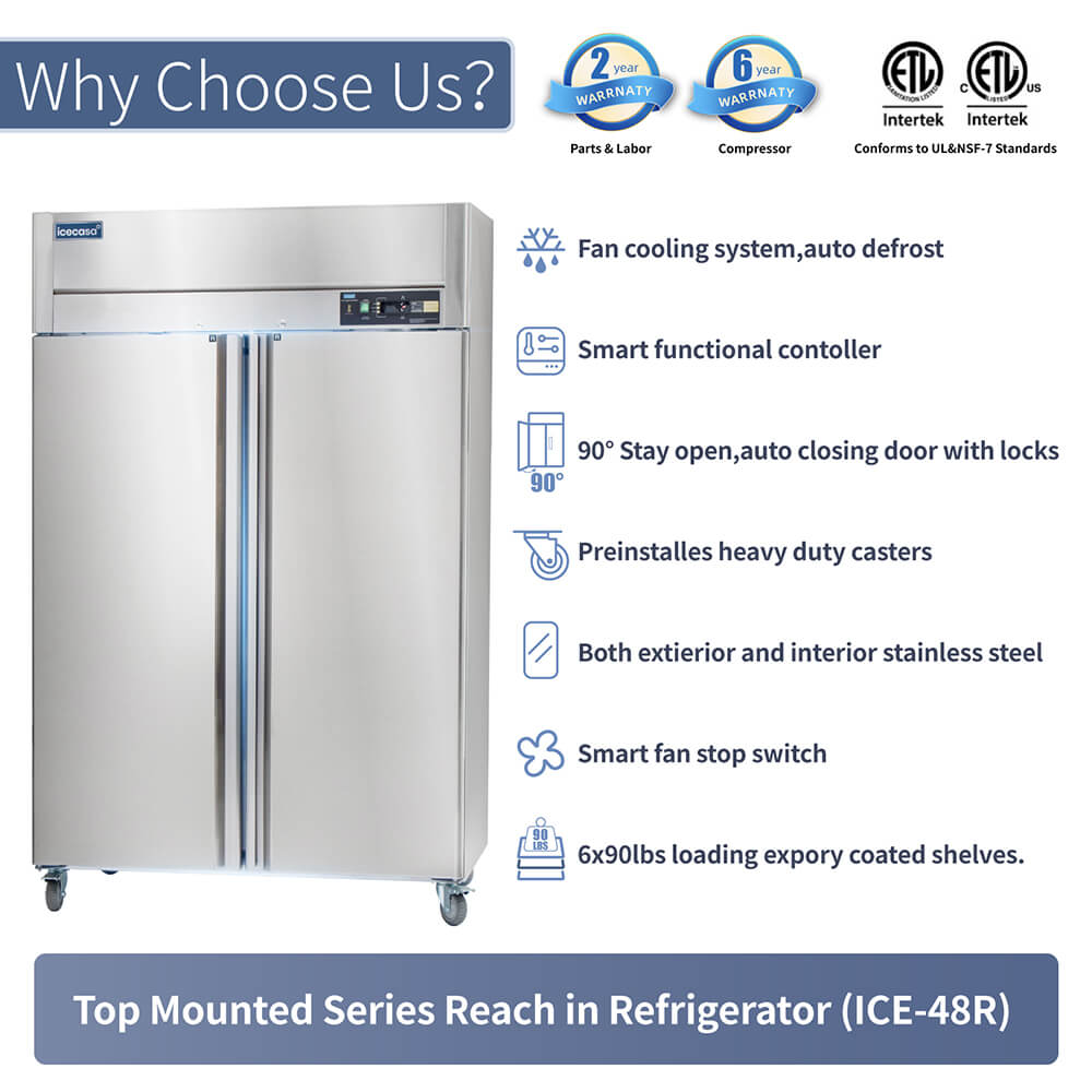 ICECASA 48 Inch Commercial Refrigerator, Restaurant 2 Door Reach-In Commercial Upright Fridge, Cooler