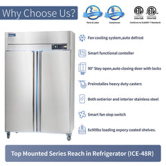 ICECASA 48 Inch Commercial Refrigerator, Restaurant 2 Door Reach-In Commercial Upright Fridge, Cooler