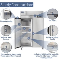 ICECASA 48 Inch Commercial Refrigerator, Restaurant 2 Door Reach-In Commercial Upright Fridge, Cooler