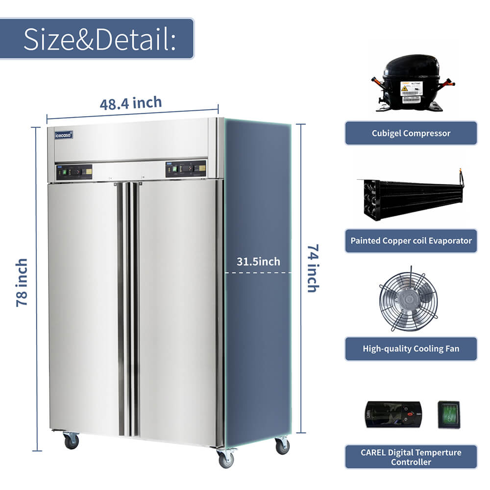 ICECASA 48 Inch Commercial Refrigerator Freezer Combo, Restaurant 2 Door Reach-In Commercial Upright Fridge and Freezer Combo