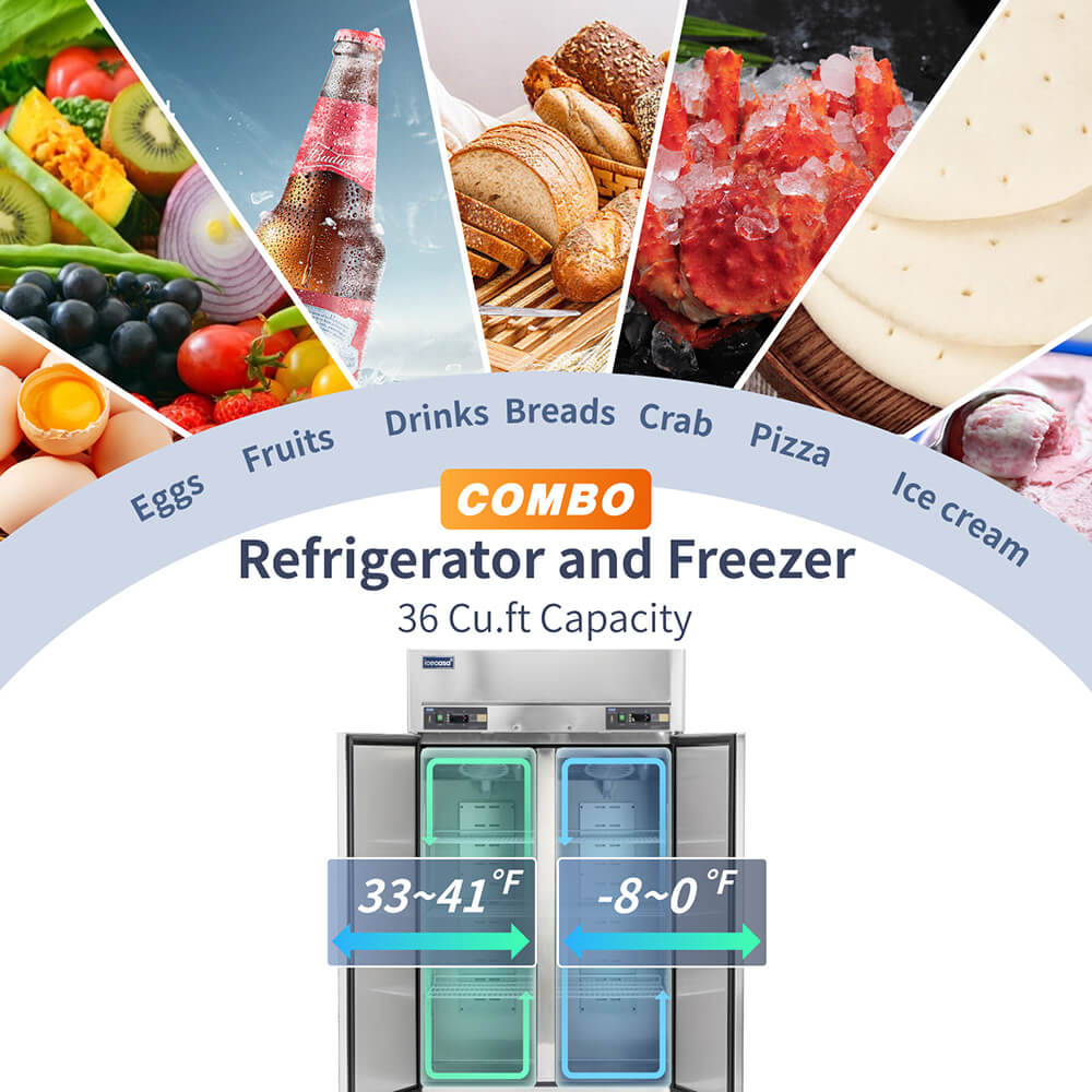 ICECASA 48 Inch Commercial Refrigerator Freezer Combo, Restaurant 2 Door Reach-In Commercial Upright Fridge and Freezer Combo