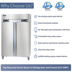 ICECASA 48 Inch Commercial Refrigerator Freezer Combo, Restaurant 2 Door Reach-In Commercial Upright Fridge and Freezer Combo