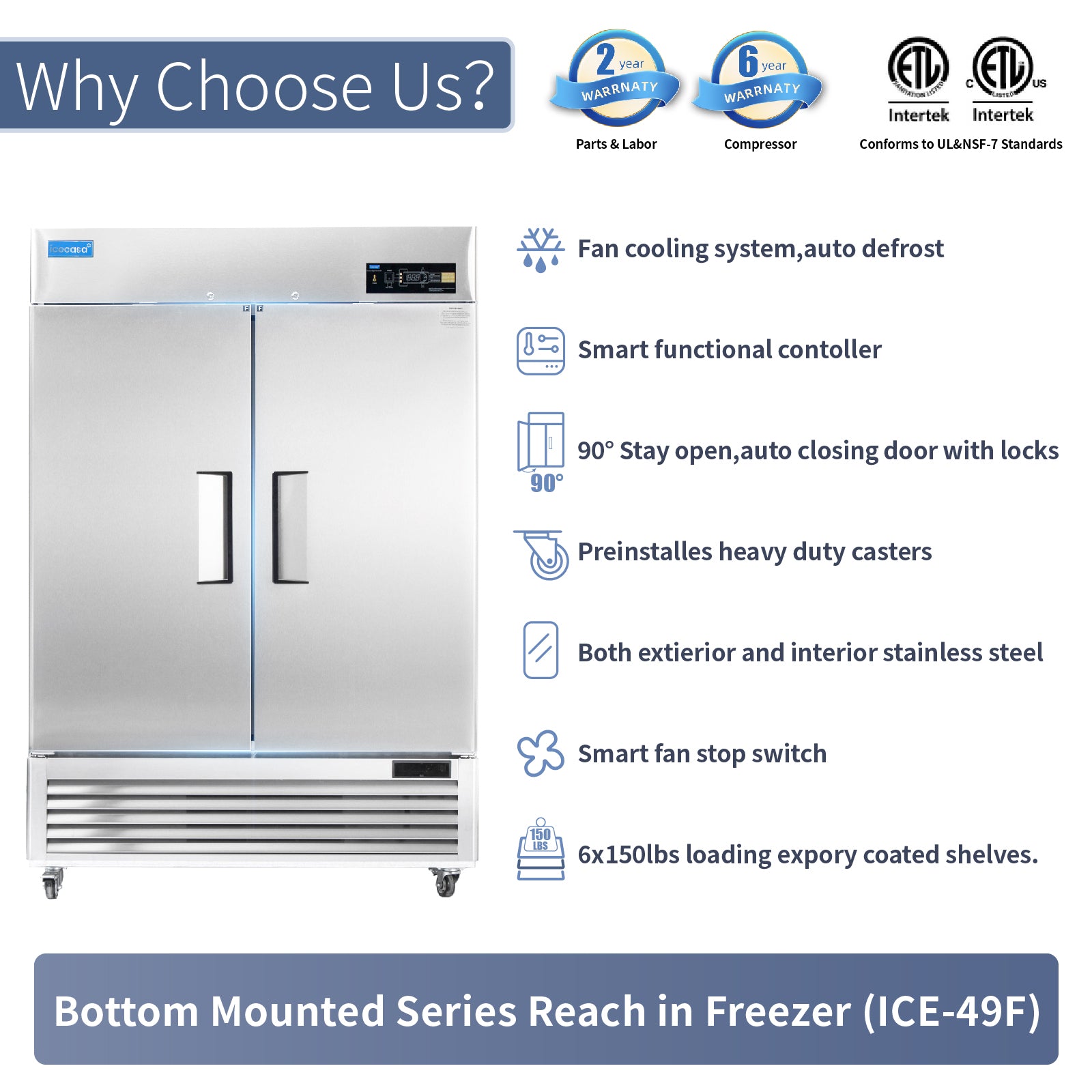 2 Door Commercial Freezer, ICECASA 54 Inch Restaurant Reach-In Commercial Upright Freezer