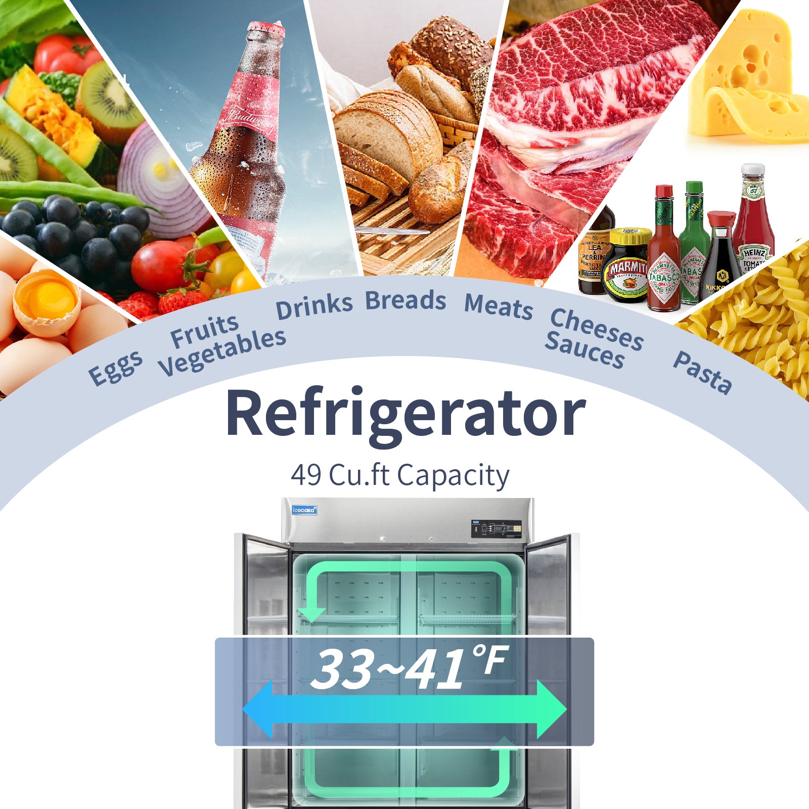 2 Door Commercial Refrigerator, ICECASA 54 Inch Restaurant Commercial Upright Fridge, Reach-In Cooler