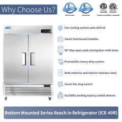 2 Door Commercial Refrigerator, ICECASA 54 Inch Restaurant Commercial Upright Fridge, Reach-In Cooler