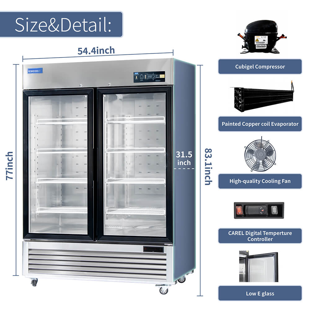 ICECASA 54 Inch 2 Door Commercial Display Refrigerator, Double Glass Door Commercial Reach-in Merchandiser Refrigerator