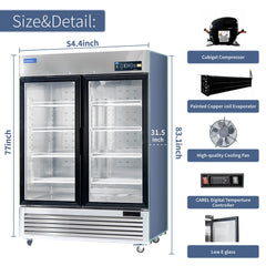 ICECASA 54 Inch 2 Door Commercial Display Refrigerator, Double Glass Door Commercial Reach-in Merchandiser Refrigerator