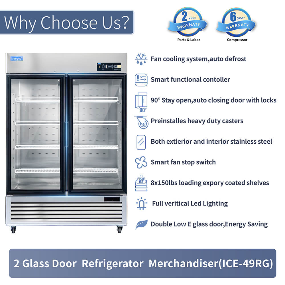ICECASA 54 Inch 2 Door Commercial Display Refrigerator, Double Glass Door Commercial Reach-in Merchandiser Refrigerator