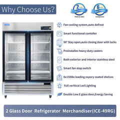 ICECASA 54 Inch 2 Door Commercial Display Refrigerator, Double Glass Door Commercial Reach-in Merchandiser Refrigerator