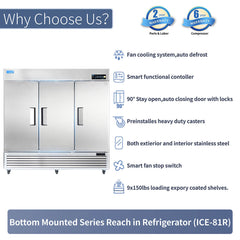 ICECASA 82 Inch Commercial Refrigerator, Restaurant 3 Door Reach-In Commercial Upright Fridge, Cooler