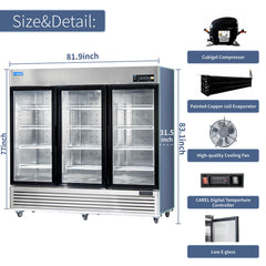 ICECASA 82 Inch 3 Door Commercial Display Refrigerator, 3 Glass Door Commercial Reach-in Merchandiser Refrigerator