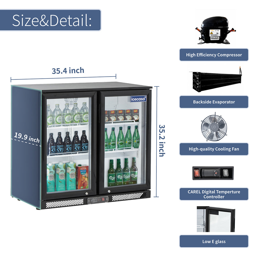 ICECASA Undercounter Beverage Cooler Fridge, 2 Glass Door Back Bar Fridge 35.4" Commericial Wine Cooler