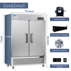 ICECASA 54" Freezer For Commercial, Industrial 2 Door Reach-In Commercial Stand Up Freezer