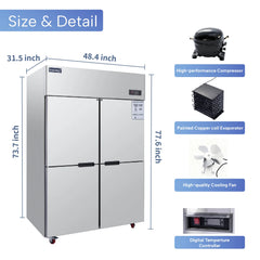 ICECASA Commercial 48" 4 Split Door Refrigerator Upright Reach-In Cooler for Restaurant | ICE-128R4