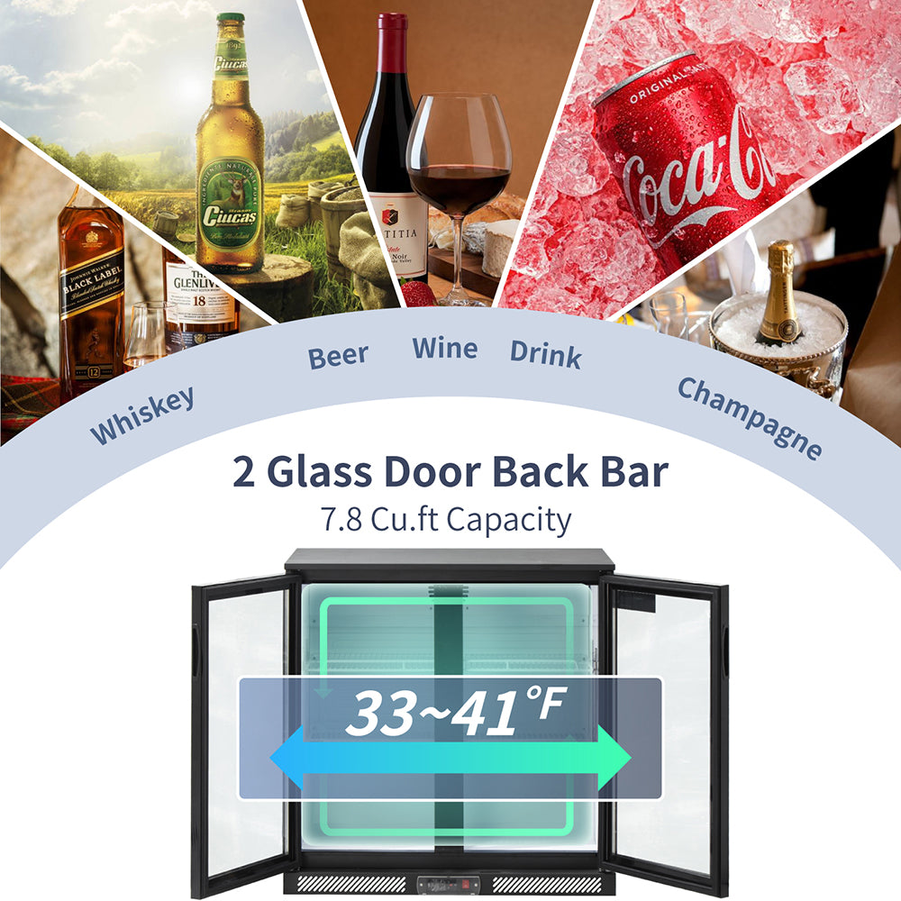 ICECASA Undercounter Beverage Cooler Fridge, 2 Glass Door Back Bar Fridge 35.4" Commericial Wine Cooler