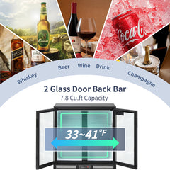 ICECASA Undercounter Beverage Cooler Fridge, 2 Glass Door Back Bar Fridge 35.4" Commericial Wine Cooler