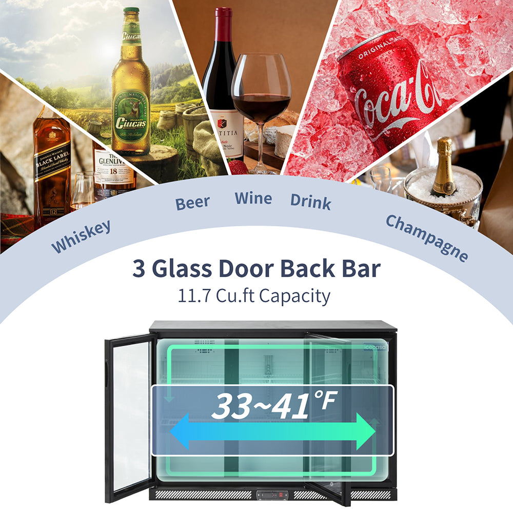 ICECASA Undercounter Beverage Cooler Fridge, 3 Glass Door Back Bar Fridge 52.6" Commericial Wine Cooler