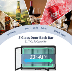 ICECASA Undercounter Beverage Cooler Fridge, 3 Glass Door Back Bar Fridge 52.6" Commericial Wine Cooler