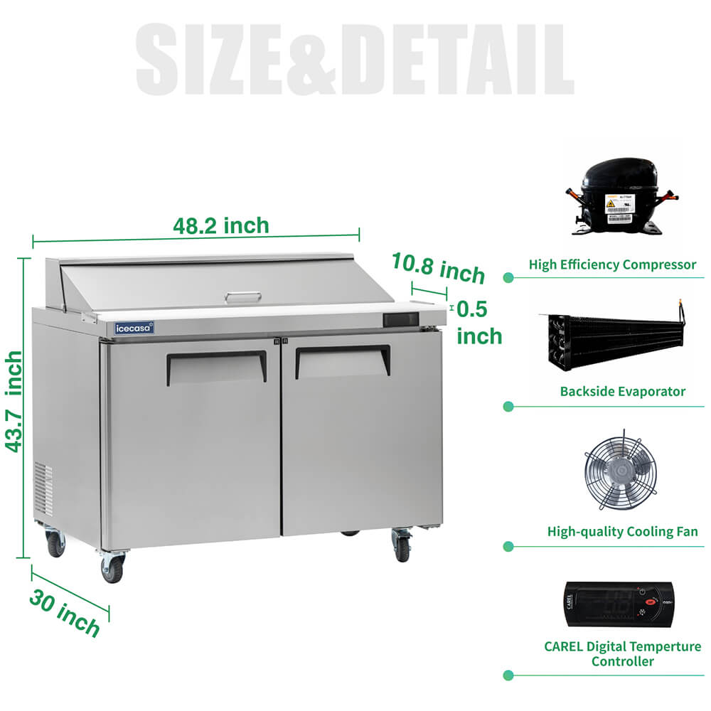 ICECASA 48" Stainless Steel Sandwich Prep Table Refrigerator