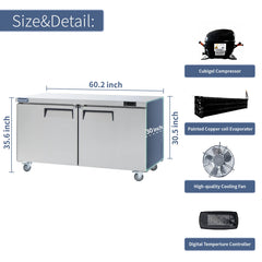 Commercial Undercounter Freezer, ICECASA 60 Inch 1 Door Under Counter Lowboy Worktop Freezer