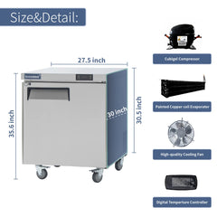 Commercial Undercounter Freezer, ICECASA 27 Inch 1 Door Under Counter Lowboy Worktop Freezer